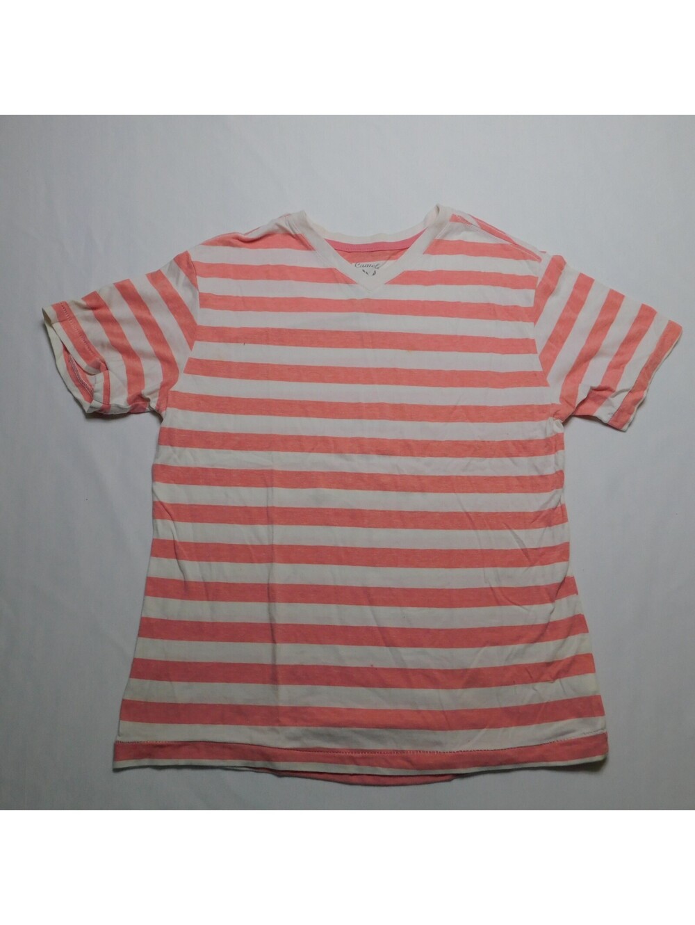 Red Camel Boys Medium M Striped V-Neck T Shirt Coral Pink White Short Sleeve Tee